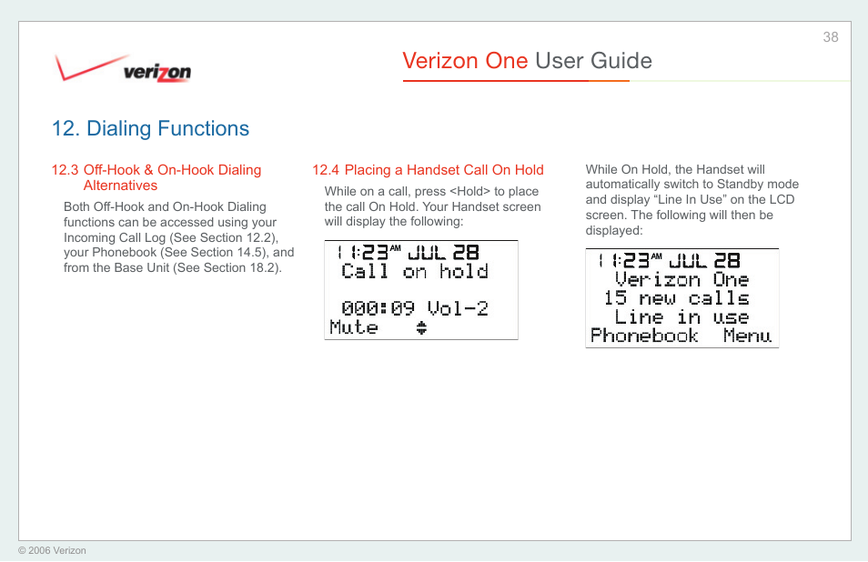 Off-hook & on-hook dialing alternatives, Placing a handset call on hold, Verizon one user guide | Dialing functions | Verizon One User Manual | Page 38 / 138