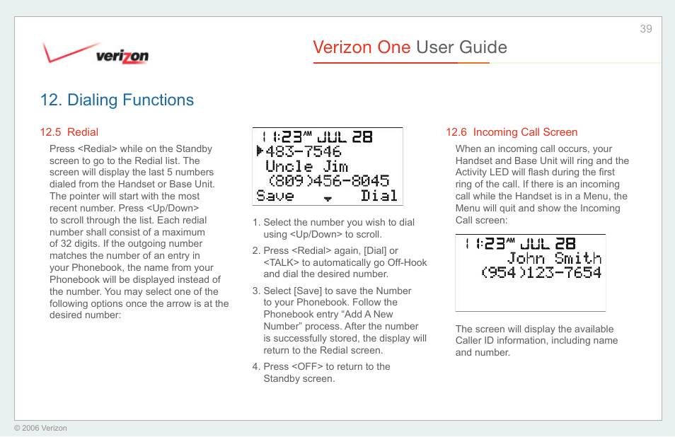 Redial, Incoming call screen, Verizon one user guide | Dialing functions | Verizon One User Manual | Page 39 / 138