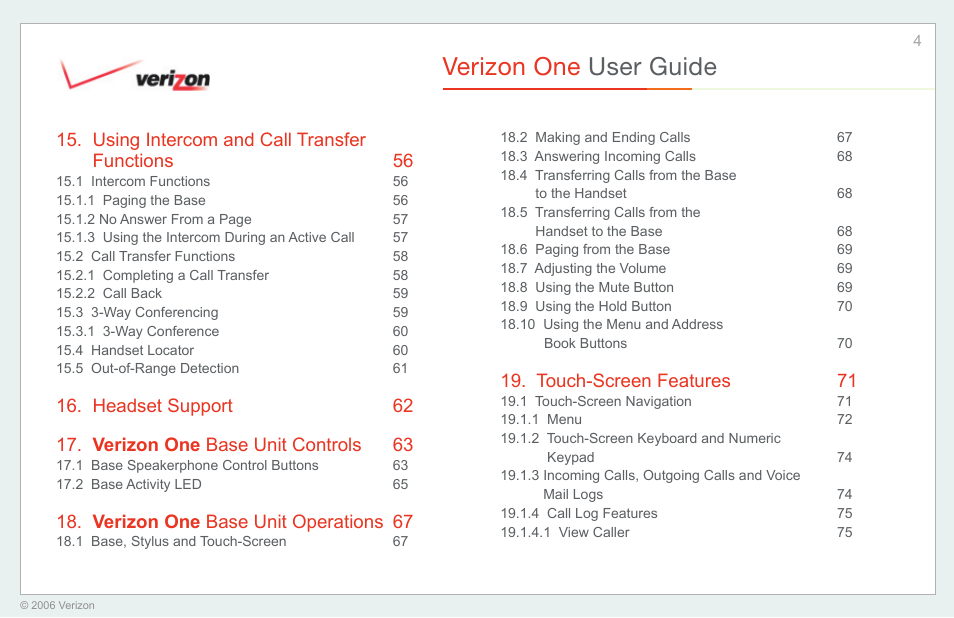 Verizon one user guide, Using intercom and call transfer functions 56, Verizon one base unit operations 67 | Touch-screen features 71 | Verizon One User Manual | Page 4 / 138