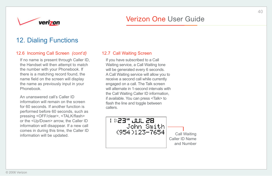 Call waiting screen, Verizon one user guide, Dialing functions | Verizon One User Manual | Page 40 / 138