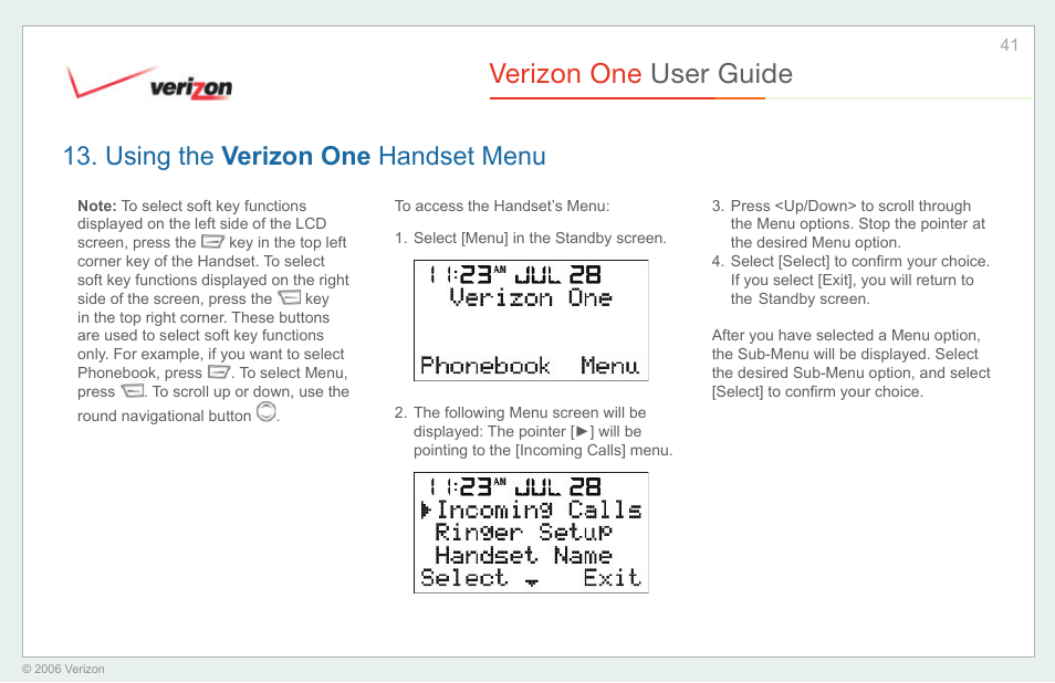 Using the verizon one handset menu, Verizon one user guide | Verizon One User Manual | Page 41 / 138