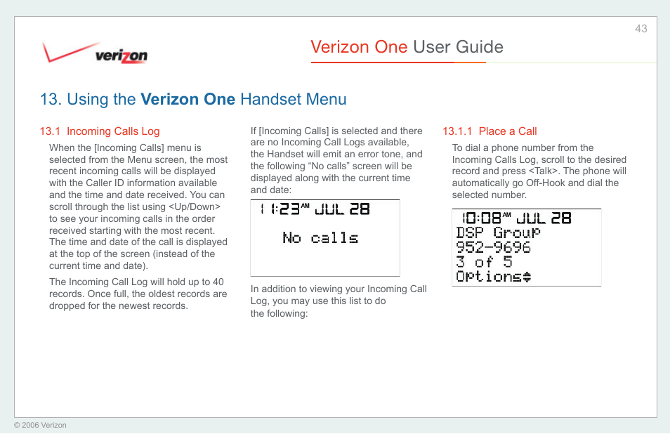 Incoming calls log, Place a call, Verizon one user guide | Using the verizon one handset menu | Verizon One User Manual | Page 43 / 138