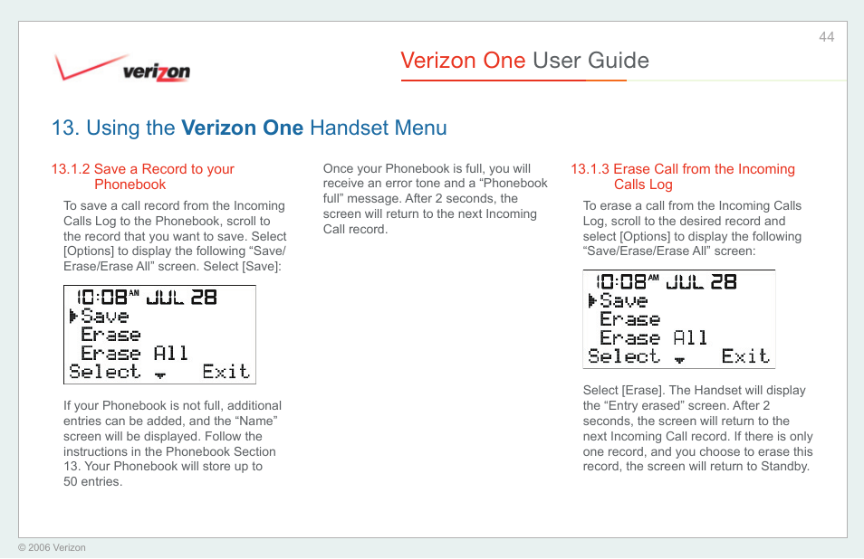 Save a record to your phonebook, Erase call from the incoming calls log, Verizon one user guide | Using the verizon one handset menu | Verizon One User Manual | Page 44 / 138