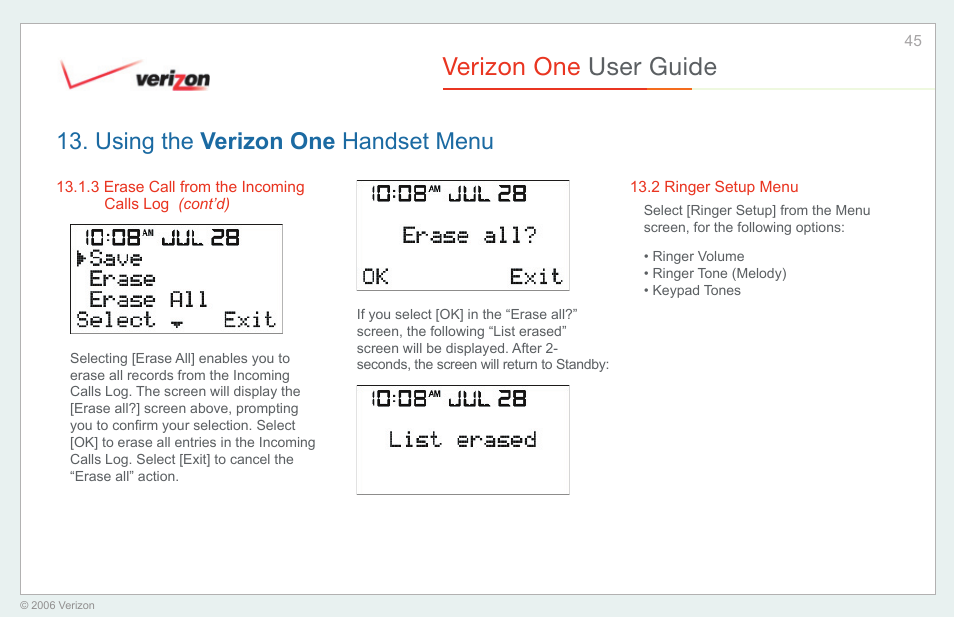 Ringer setup menu, Verizon one user guide, Using the verizon one handset menu | Verizon One User Manual | Page 45 / 138