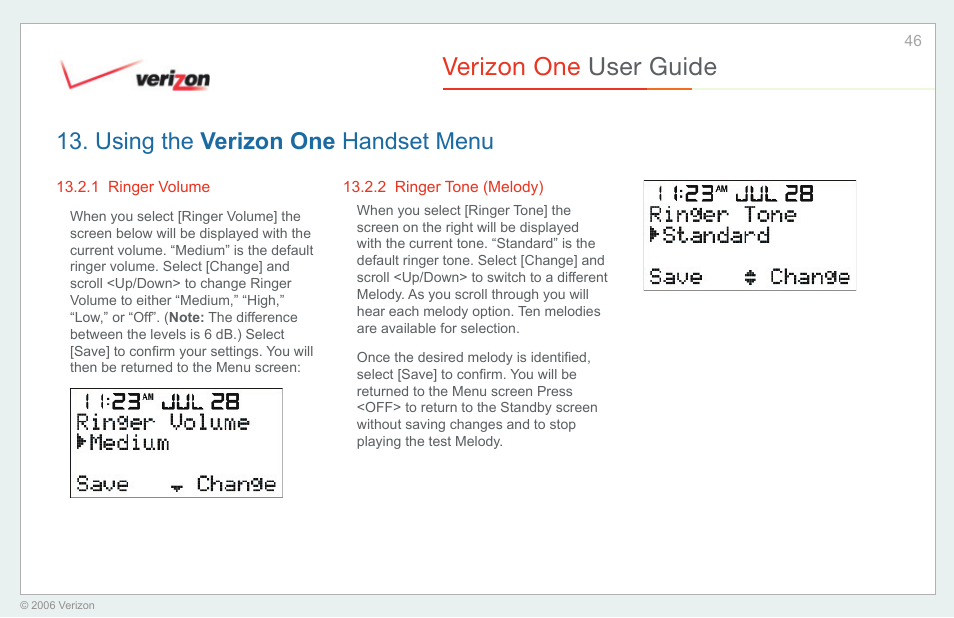 Ringer volume, Ringer tone (melody), Verizon one user guide | Using the verizon one handset menu | Verizon One User Manual | Page 46 / 138