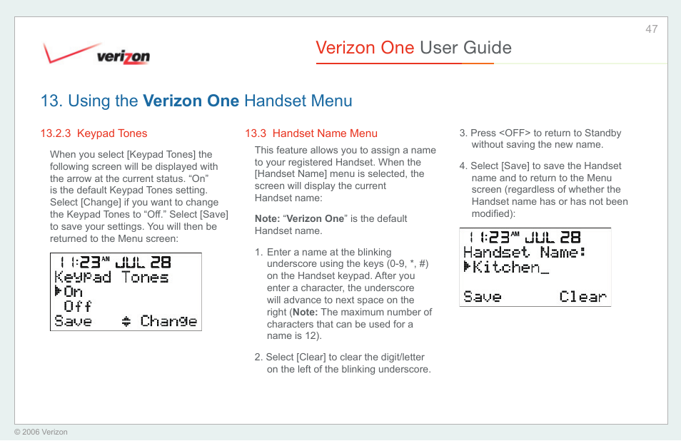 Keypad tones, Handset name menu, Verizon one user guide | Using the verizon one handset menu | Verizon One User Manual | Page 47 / 138