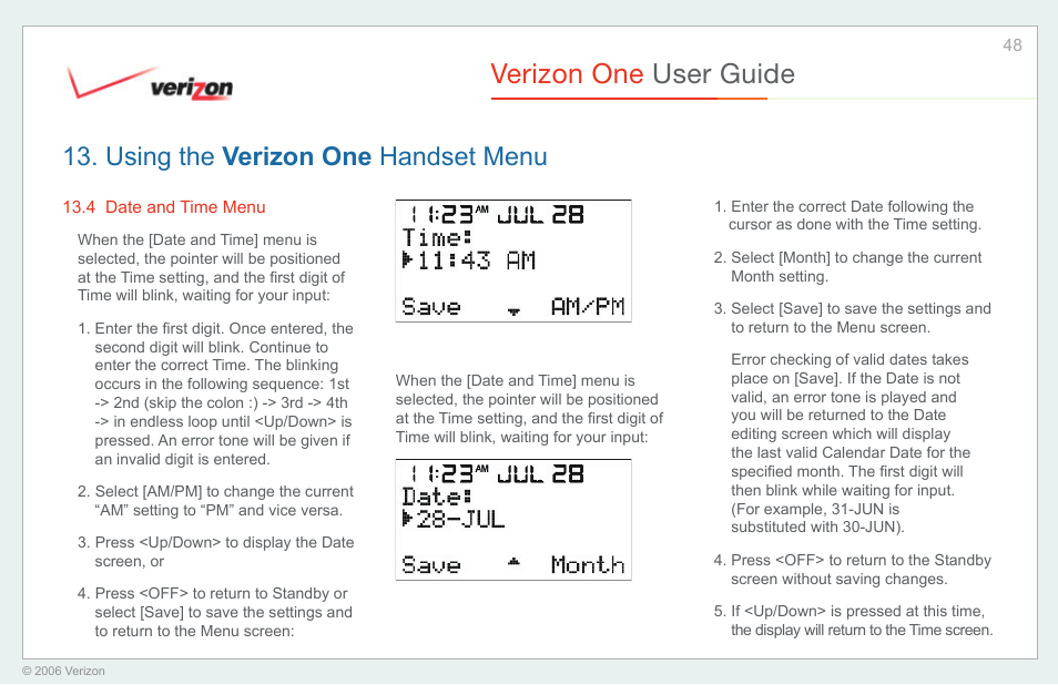 Date and time menu, Verizon one user guide, Using the verizon one handset menu | Verizon One User Manual | Page 48 / 138