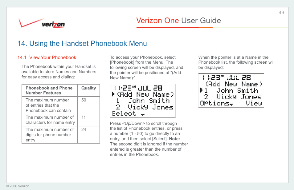 Using the handset phonebook menu, View your phonebook, Verizon one user guide | Verizon One User Manual | Page 49 / 138