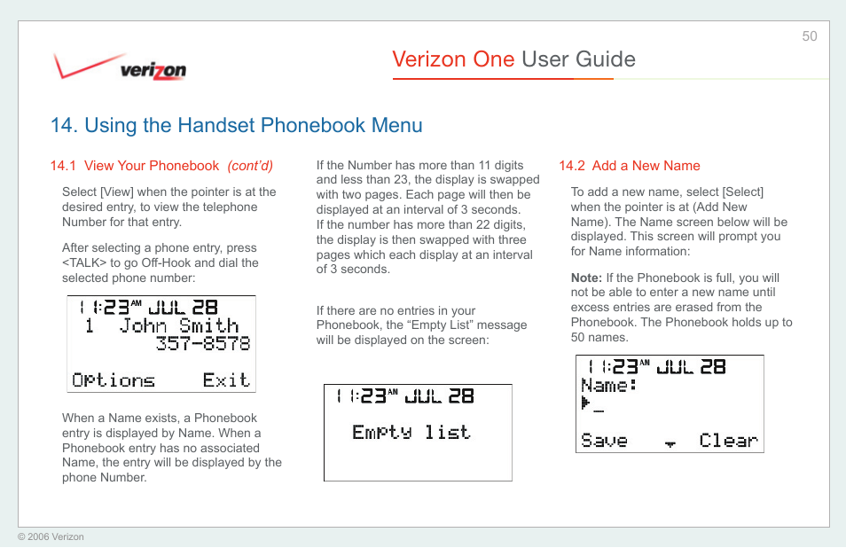 Add a new name, Verizon one user guide, Using the handset phonebook menu | Verizon One User Manual | Page 50 / 138