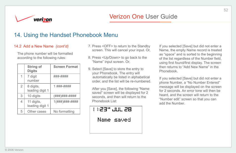 Verizon one user guide, Using the handset phonebook menu | Verizon One User Manual | Page 52 / 138