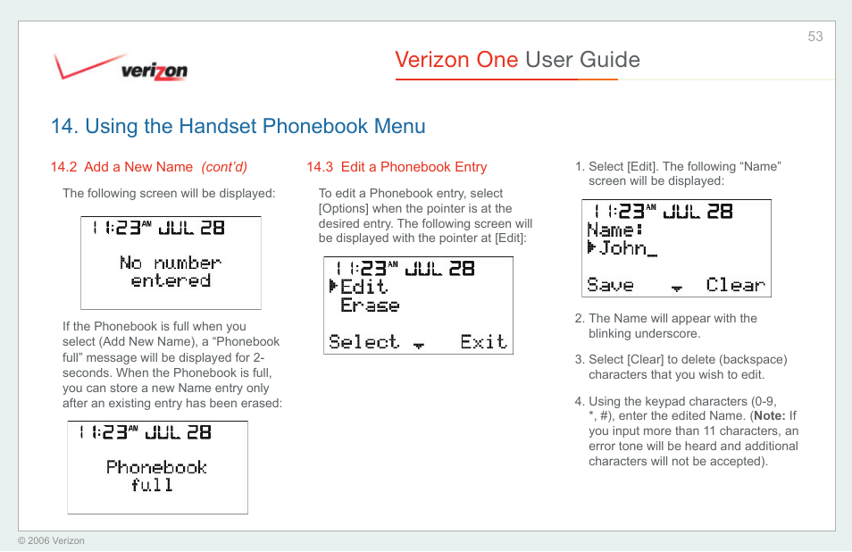 Edit a phonebook entry, Verizon one user guide, Using the handset phonebook menu | Verizon One User Manual | Page 53 / 138