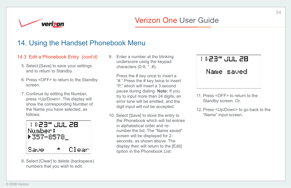 Verizon one user guide, Using the handset phonebook menu | Verizon One User Manual | Page 54 / 138