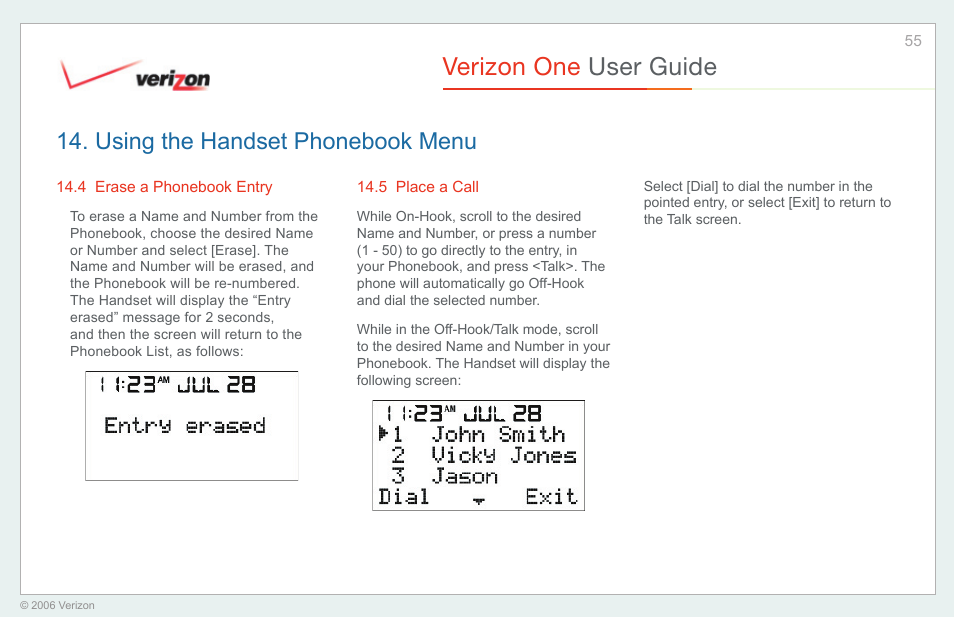 Erase a phonebook entry, Place a call, Verizon one user guide | Using the handset phonebook menu | Verizon One User Manual | Page 55 / 138