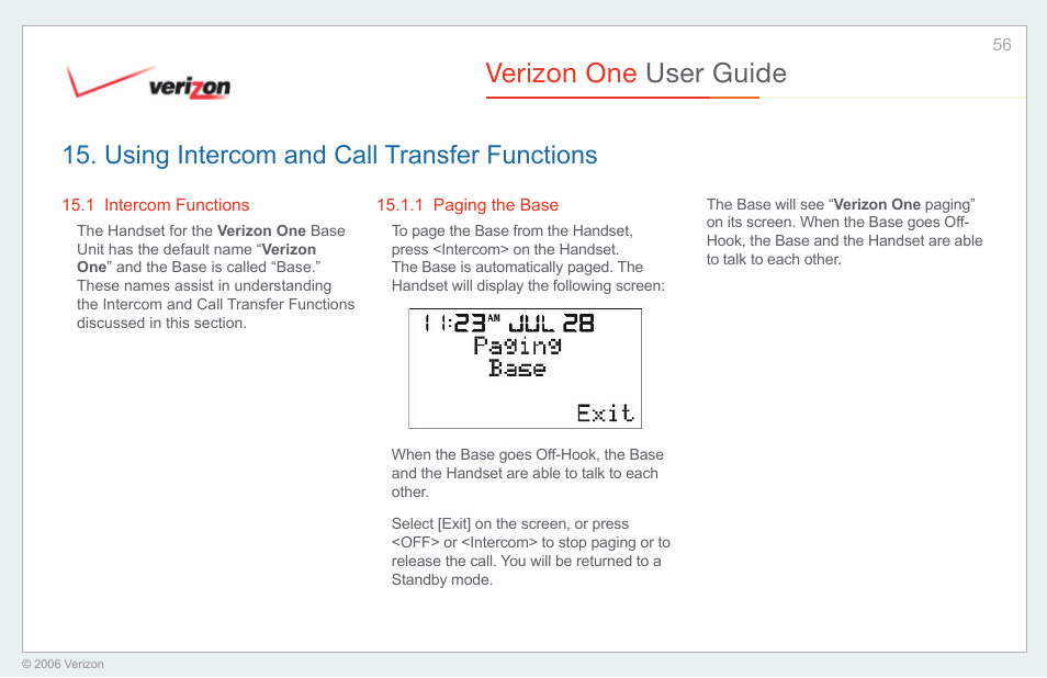 Using intercom and call transfer functions, Intercom functions, Paging the base | Verizon one user guide | Verizon One User Manual | Page 56 / 138