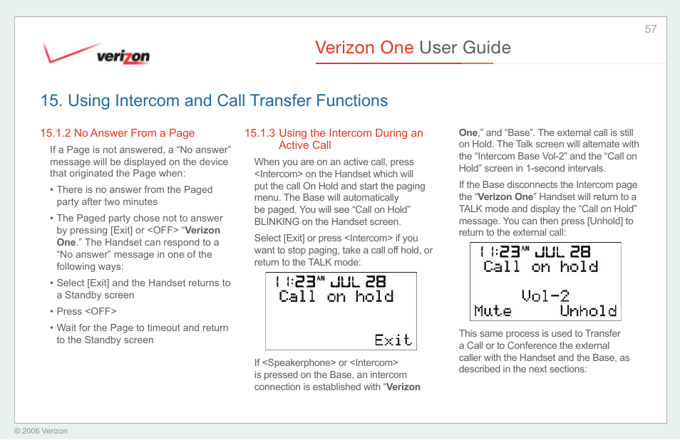 Using the intercom during an active call, Verizon one user guide, Using intercom and call transfer functions | Verizon One User Manual | Page 57 / 138