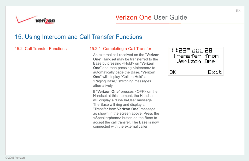 Call transfer functions, Completing a call transfer, Verizon one user guide | Using intercom and call transfer functions | Verizon One User Manual | Page 58 / 138