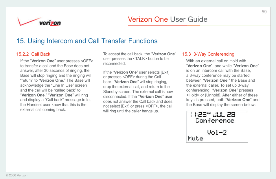 Call back, Way conferencing, Verizon one user guide | Using intercom and call transfer functions | Verizon One User Manual | Page 59 / 138