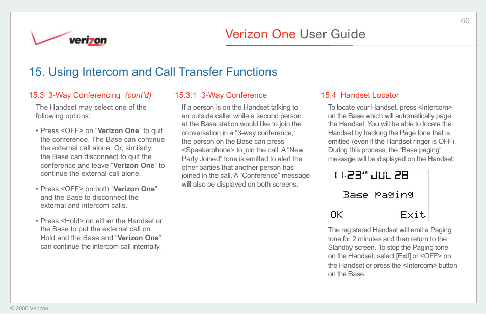 Way conference, Handset locator, Verizon one user guide | Using intercom and call transfer functions | Verizon One User Manual | Page 60 / 138