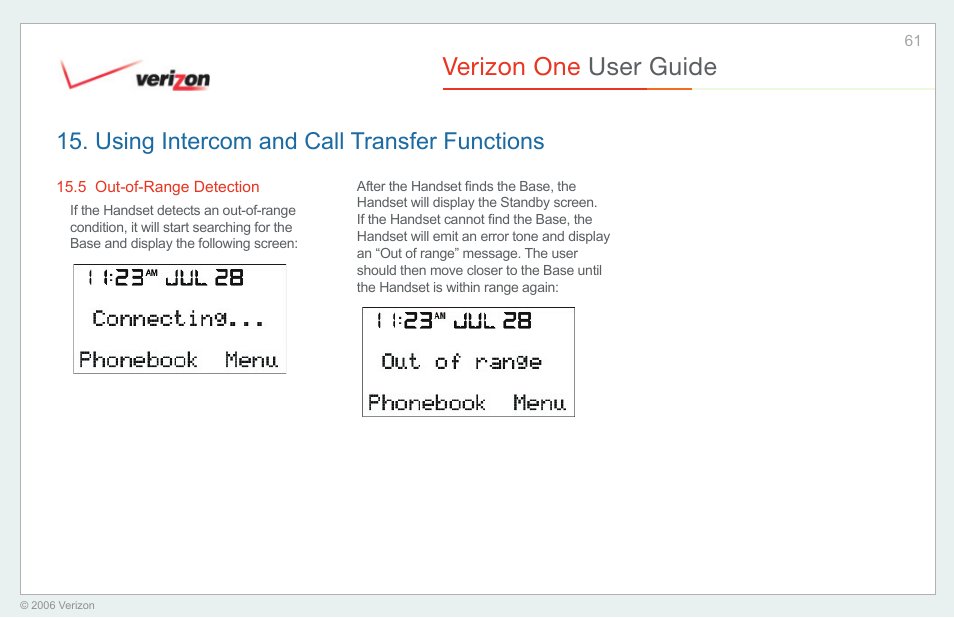 Out-of-range detection, Verizon one user guide, Using intercom and call transfer functions | Verizon One User Manual | Page 61 / 138