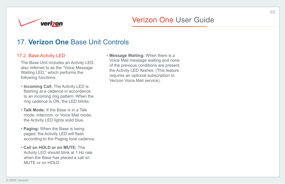 Base activity led, Verizon one user guide, Verizon one base unit controls | Verizon One User Manual | Page 65 / 138