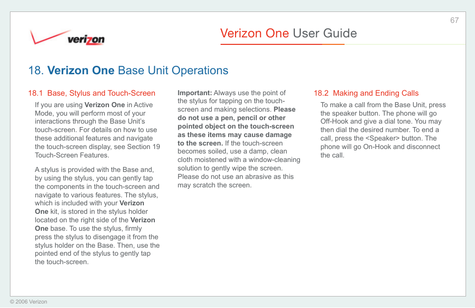 Verizon one base unit operations, Base, stylus and touch-screen, Making and ending calls | Verizon one user guide | Verizon One User Manual | Page 67 / 138