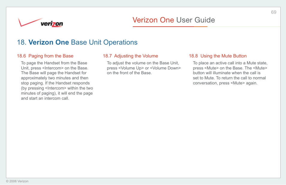 Paging from the base, Adjusting the volume, Using the mute button | Verizon one user guide, Verizon one base unit operations | Verizon One User Manual | Page 69 / 138