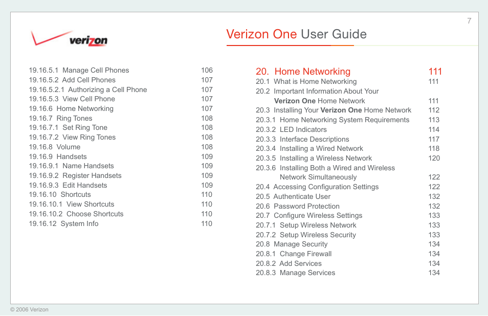 Verizon one user guide, Home networking 111 | Verizon One User Manual | Page 7 / 138