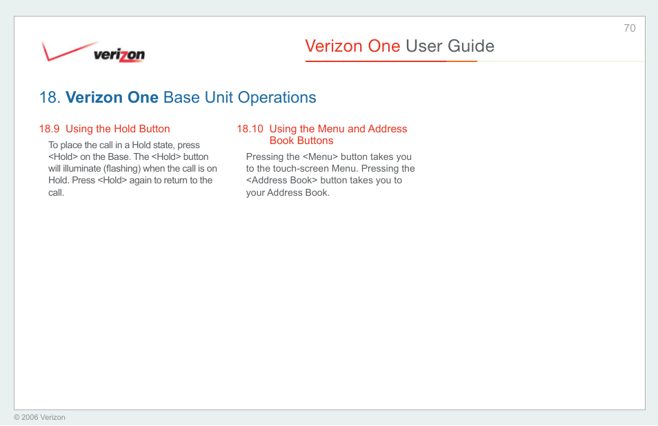 Using the hold button, Using the menu and address book buttons, Verizon one user guide | Verizon one base unit operations | Verizon One User Manual | Page 70 / 138