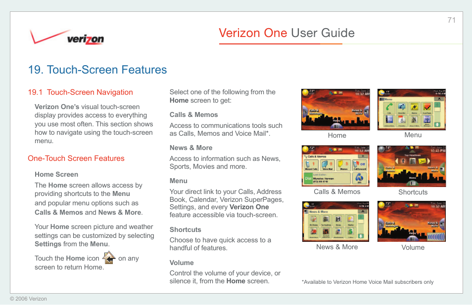 Touch-screen features, Touch-screen navigation, One-touch screen features | Verizon one user guide | Verizon One User Manual | Page 71 / 138