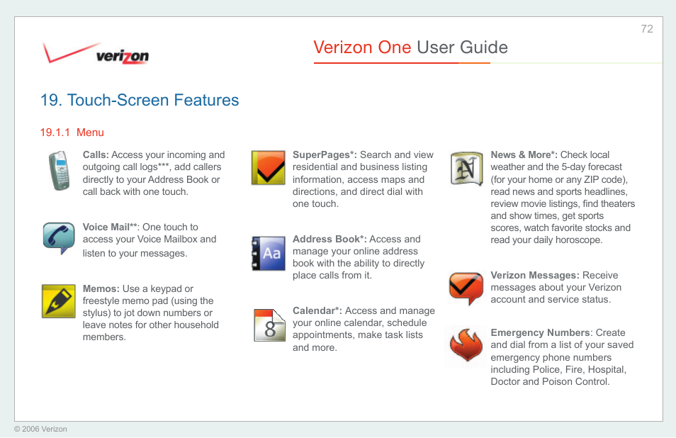 Menu, Verizon one user guide, Touch-screen features | Verizon One User Manual | Page 72 / 138