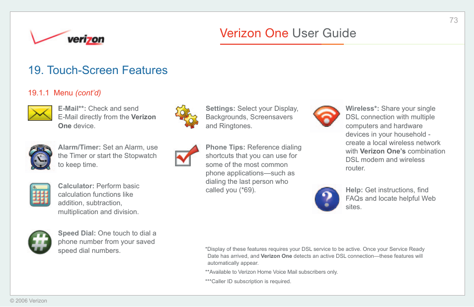 Verizon one user guide, Touch-screen features | Verizon One User Manual | Page 73 / 138