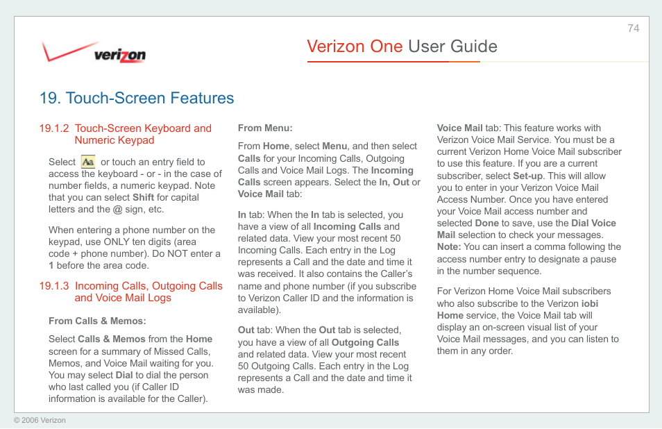 Touch-screen keyboard and numeric keypad, Incoming calls, outgoing calls and voice mail logs, Verizon one user guide | Touch-screen features | Verizon One User Manual | Page 74 / 138