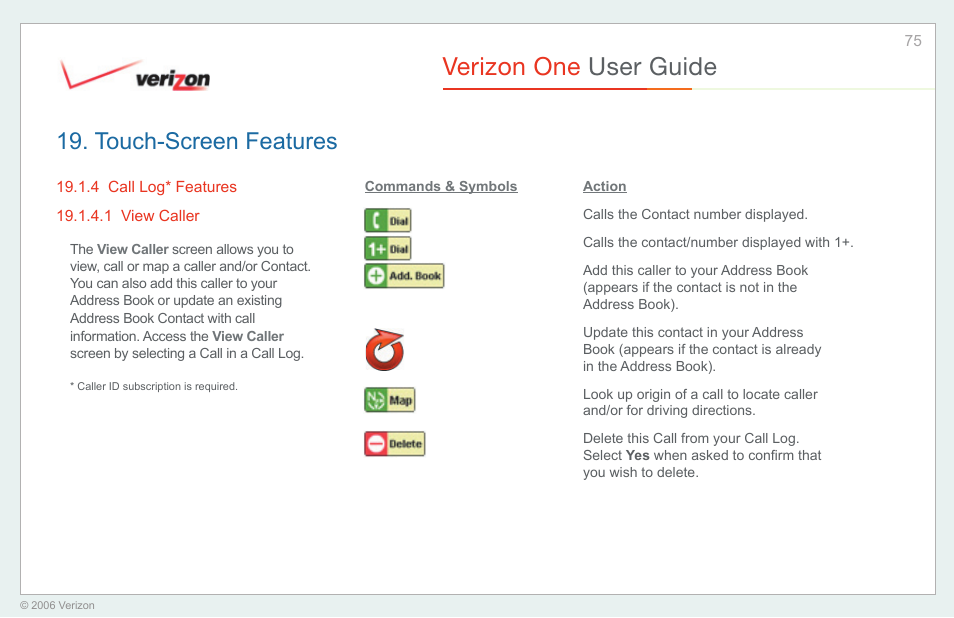 Call log features, View caller, Verizon one user guide | Touch-screen features | Verizon One User Manual | Page 75 / 138