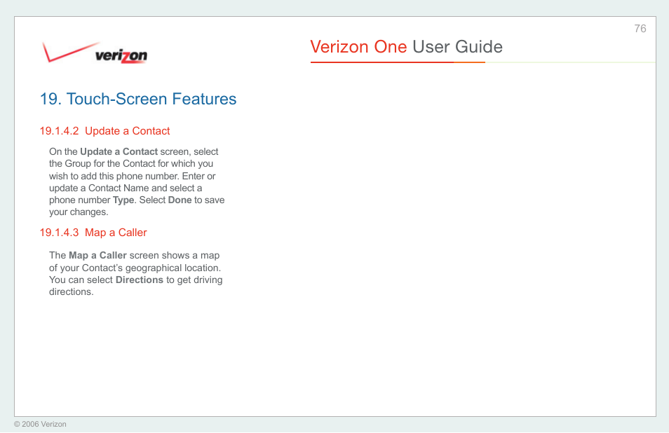 Update a contact, Map a caller, Verizon one user guide | Touch-screen features | Verizon One User Manual | Page 76 / 138