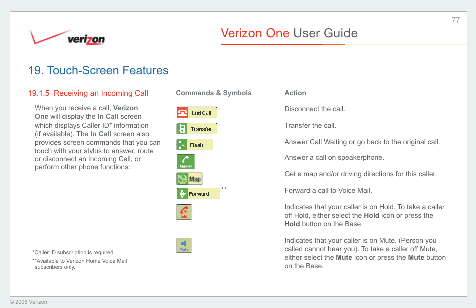 Receiving an incoming call, Verizon one user guide, Touch-screen features | Verizon One User Manual | Page 77 / 138