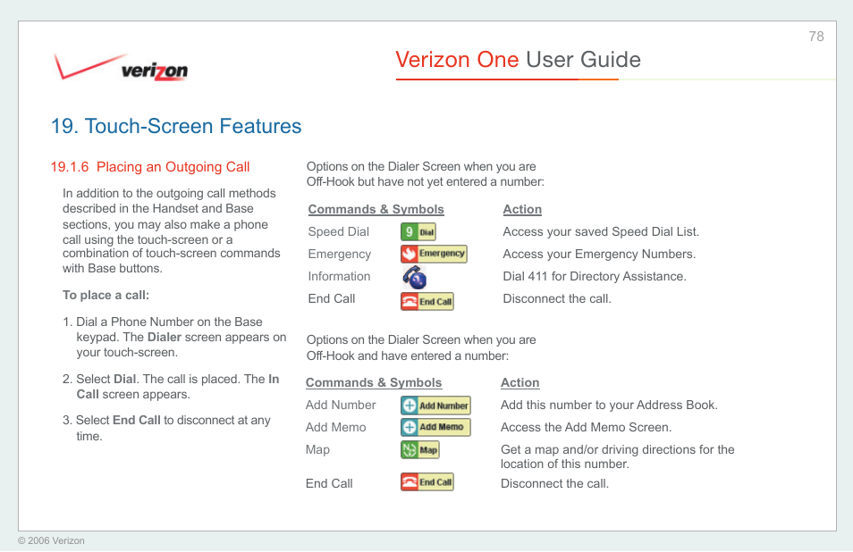 Placing an outgoing call, Verizon one user guide, Touch-screen features | Verizon One User Manual | Page 78 / 138