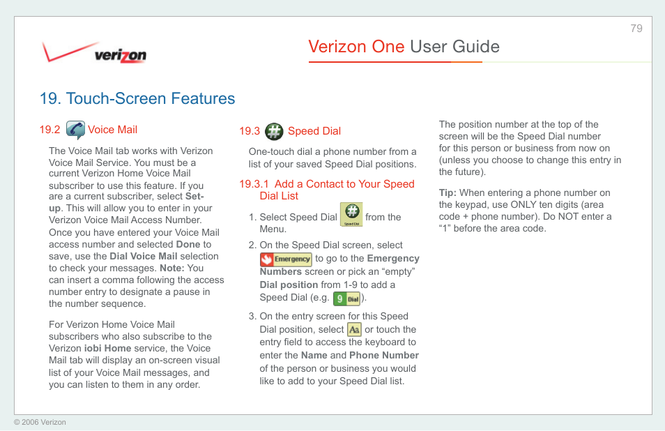 Voice mail, Speed dial, Add a contact to your speed dial list | Verizon one user guide, Touch-screen features | Verizon One User Manual | Page 79 / 138