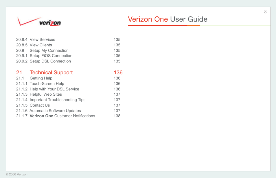 Verizon one user guide, Technical support 136 | Verizon One User Manual | Page 8 / 138