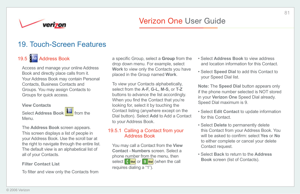 Address book, Calling a contact from your address book, Verizon one user guide | Touch-screen features | Verizon One User Manual | Page 81 / 138