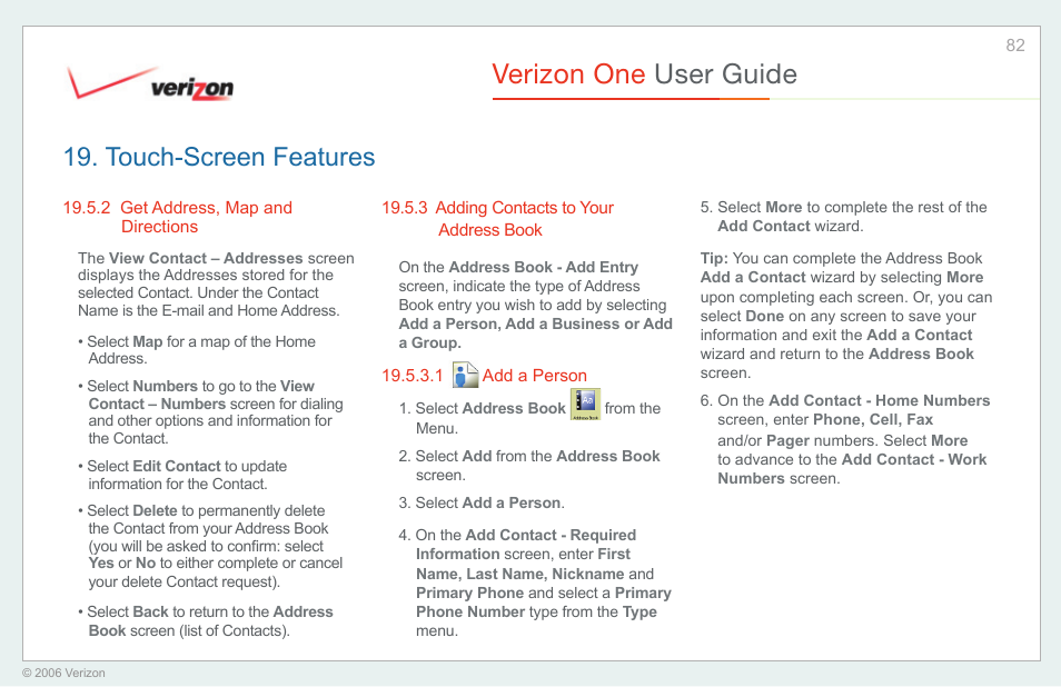 Get address, map and directions, Adding contacts to your address book, Add a person | Verizon one user guide, Touch-screen features | Verizon One User Manual | Page 82 / 138