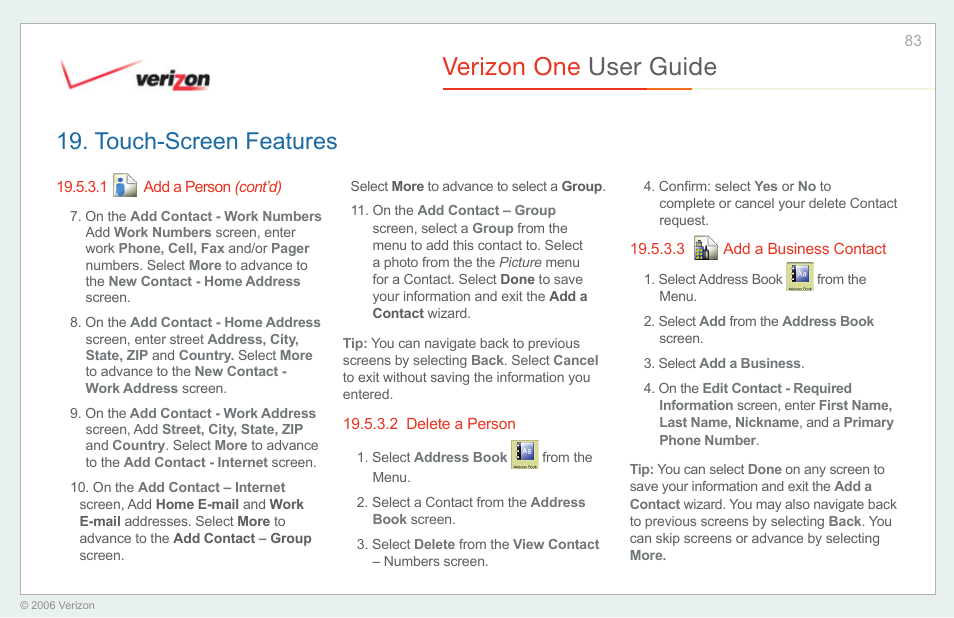 Delete a person, Add a business contact, Verizon one user guide | Touch-screen features | Verizon One User Manual | Page 83 / 138