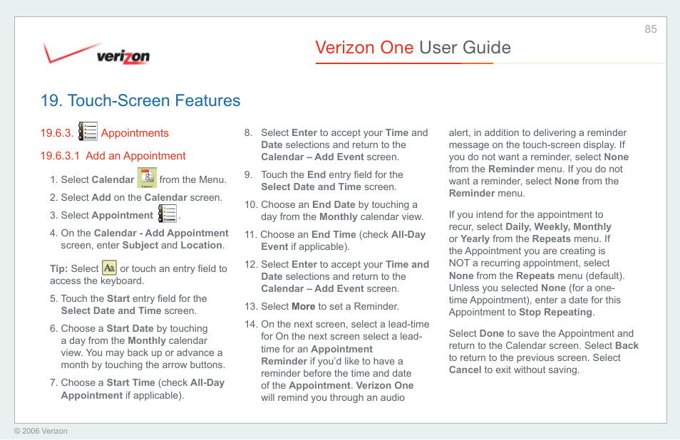 Appointments, Add an appointment, Verizon one user guide | Touch-screen features | Verizon One User Manual | Page 85 / 138