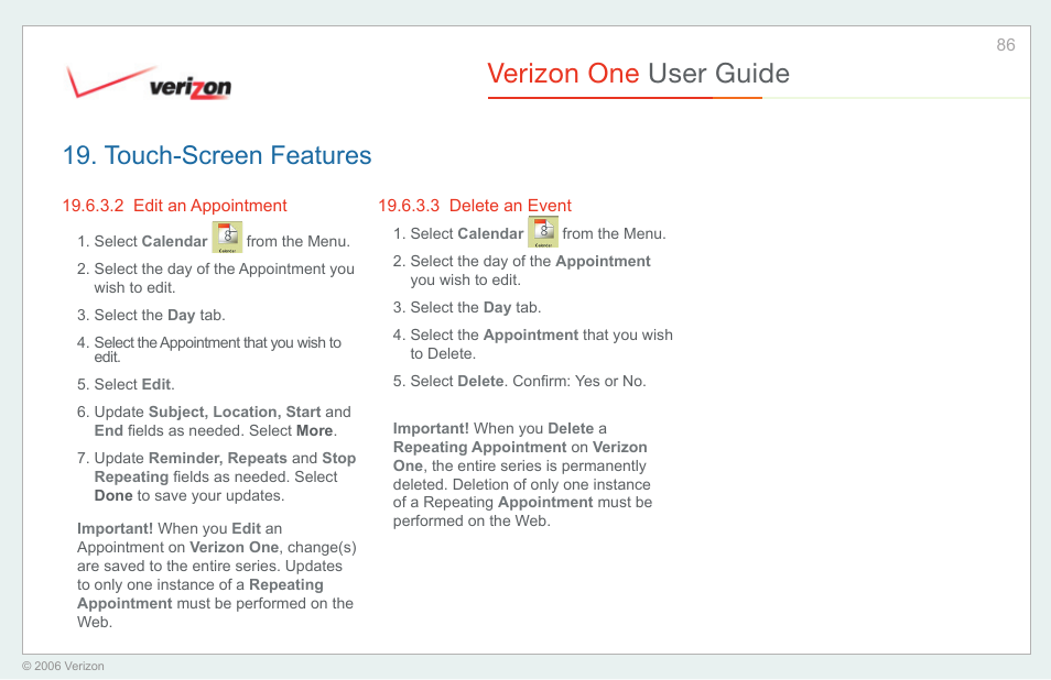 Edit an appointment, Delete an event, Verizon one user guide | Touch-screen features | Verizon One User Manual | Page 86 / 138