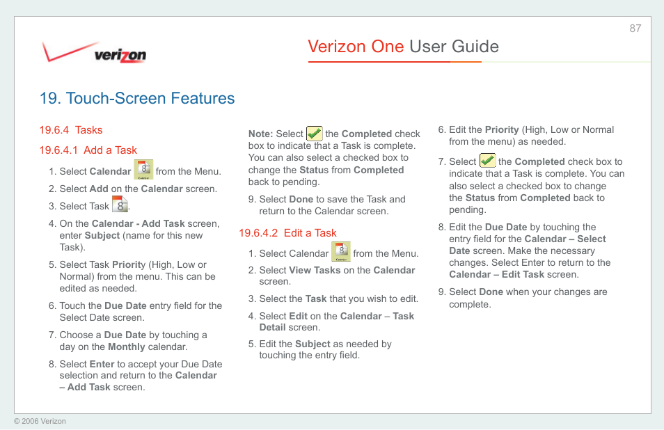 Tasks, Add a task, Edit a task | Verizon one user guide, Touch-screen features | Verizon One User Manual | Page 87 / 138