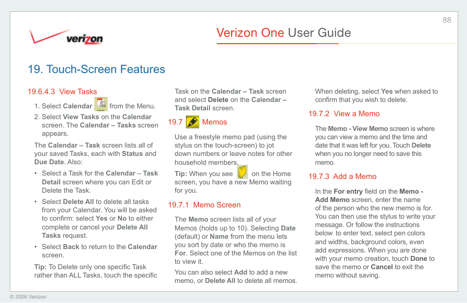 View tasks, Memos, Memo screen | View a memo, Add a memo, Verizon one user guide, Touch-screen features | Verizon One User Manual | Page 88 / 138