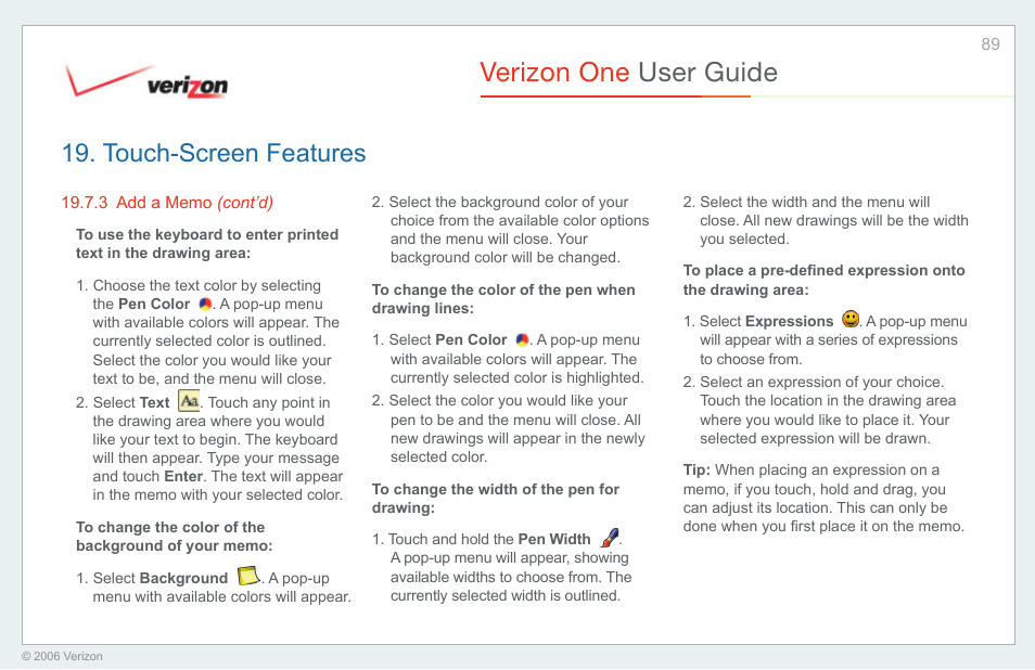 Verizon one user guide, Touch-screen features | Verizon One User Manual | Page 89 / 138