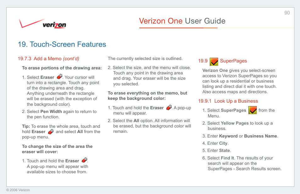 Look up a business, Verizon one user guide, Touch-screen features | Verizon One User Manual | Page 90 / 138