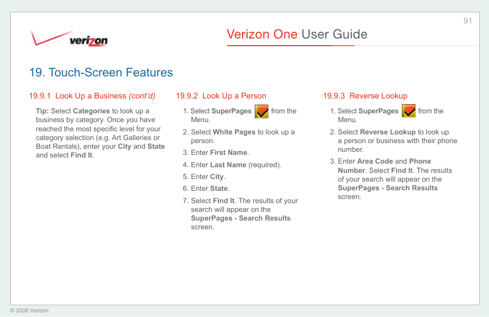 Look up a person, Reverse lookup, Verizon one user guide | Touch-screen features | Verizon One User Manual | Page 91 / 138