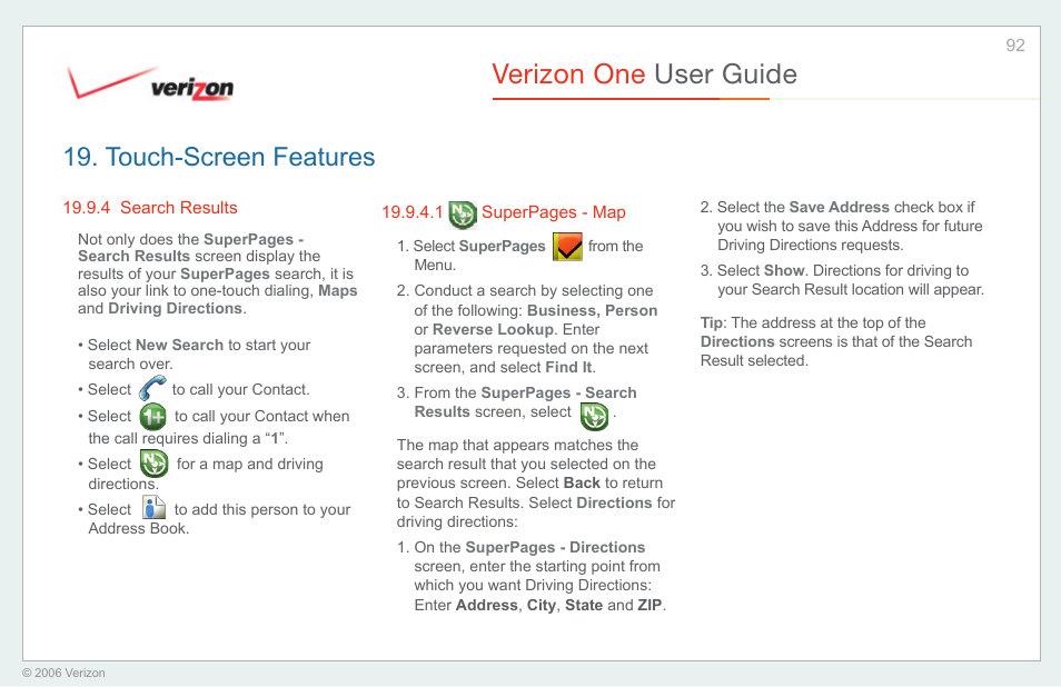 Search results, Verizon one user guide, Touch-screen features | Verizon One User Manual | Page 92 / 138