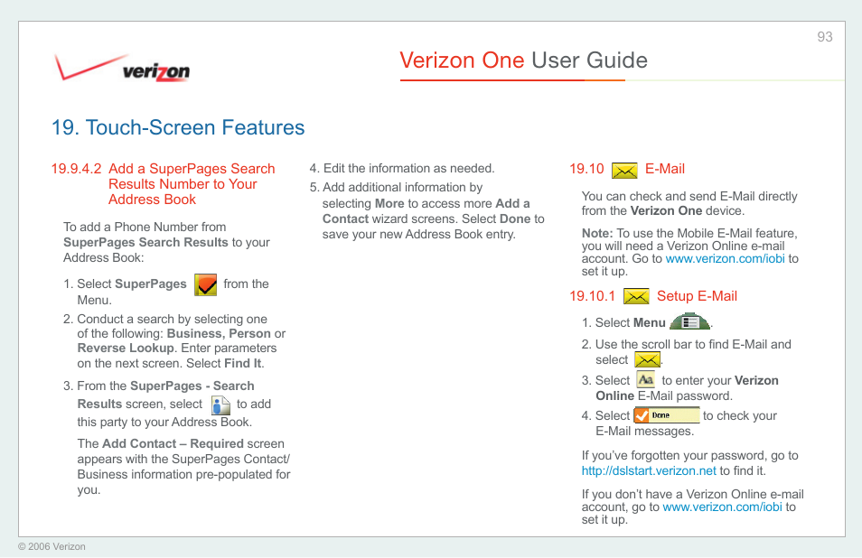 E-mail, Setup e-mail, Verizon one user guide | Touch-screen features | Verizon One User Manual | Page 93 / 138